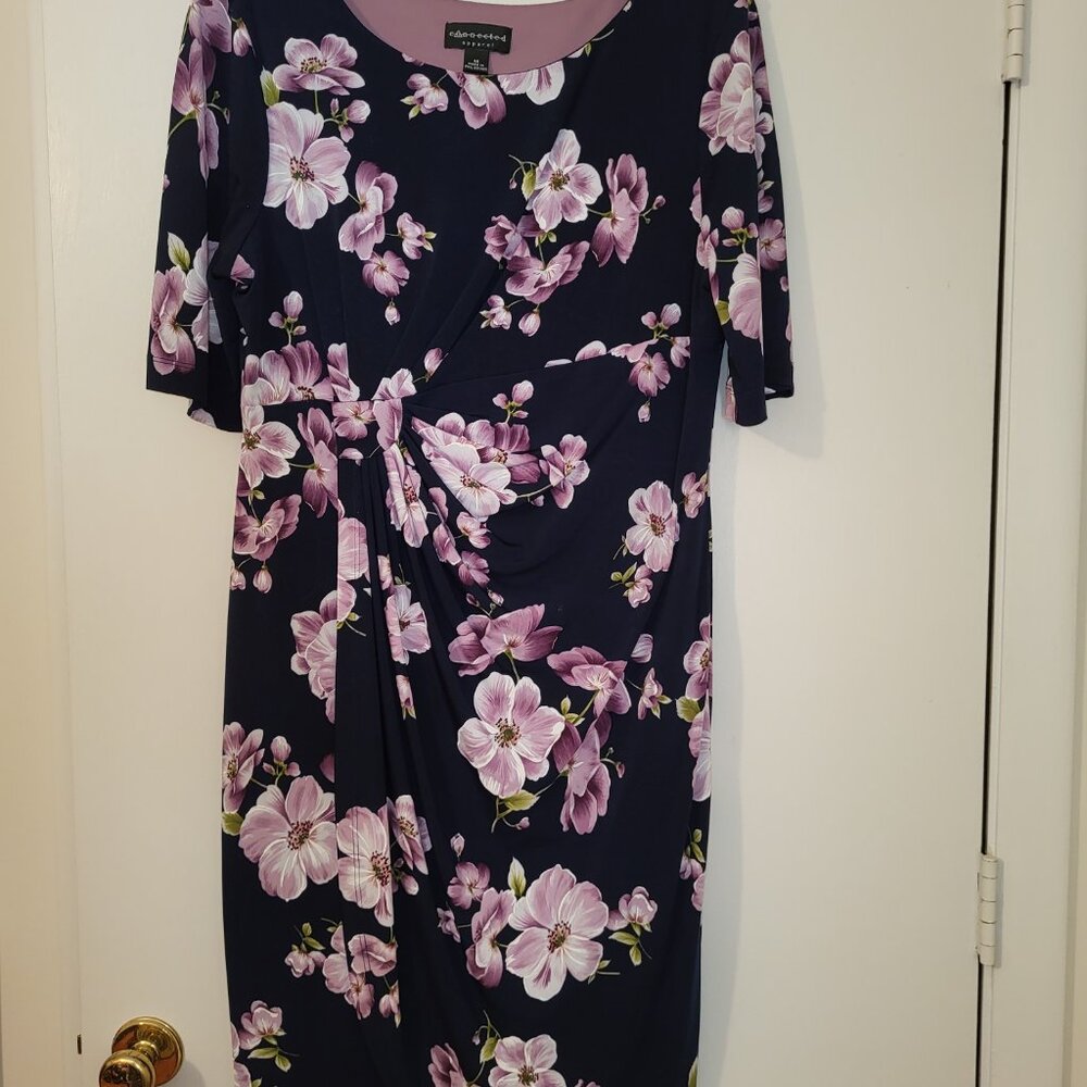 Connected Apparel Navy Blue/Lavendar Floral Dress, Size 16. Faux front skirting.
